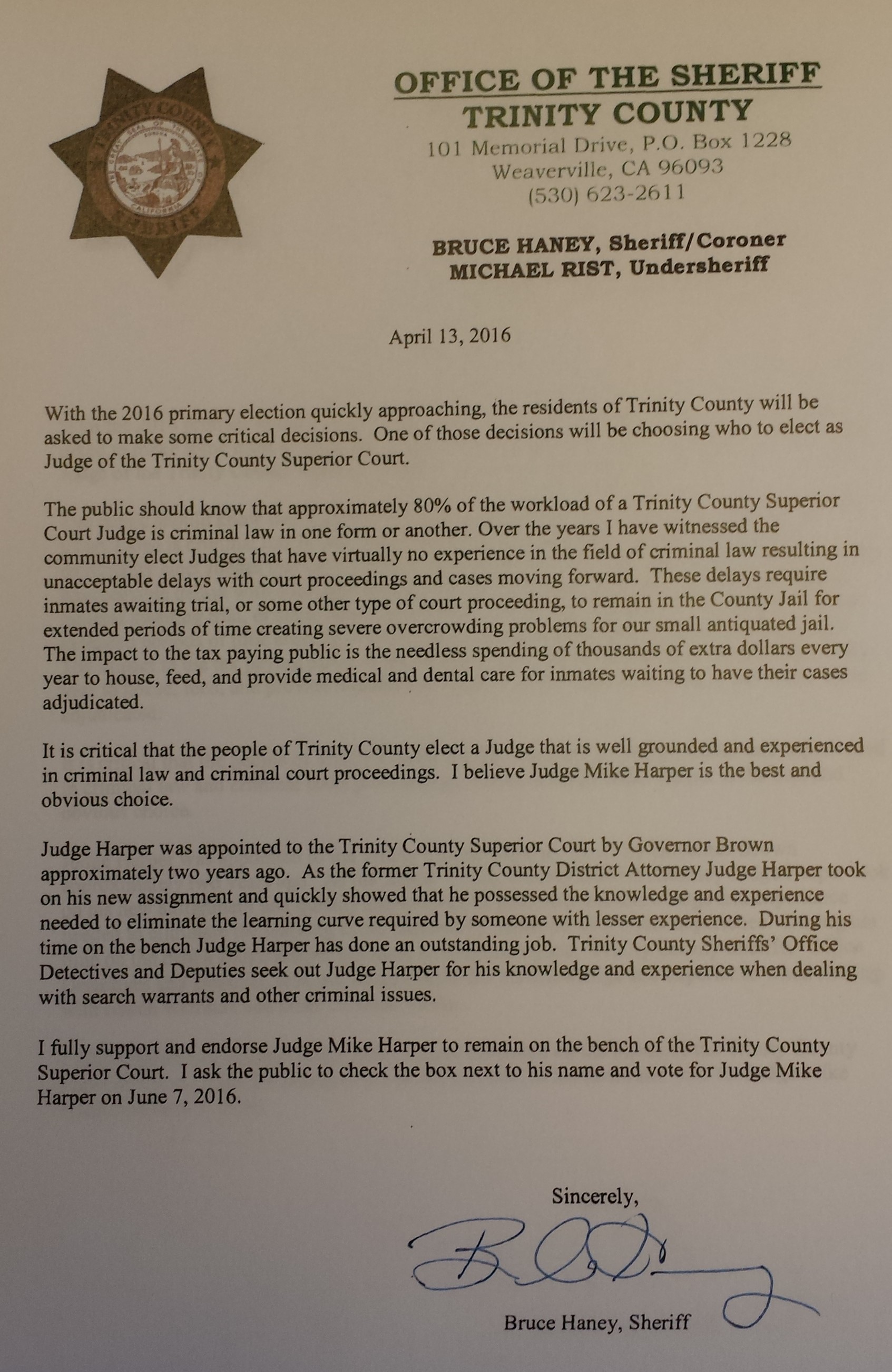 support letter from Sheriff Bruce Haney